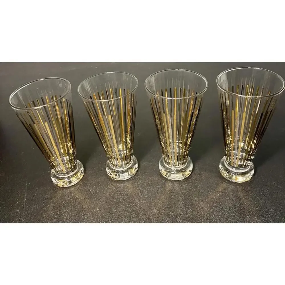 NIB Crate & Barrel 2000s Set Of 4 Gold Stripe Cocktail Glasses 6 Oz, 2.75x2.25”